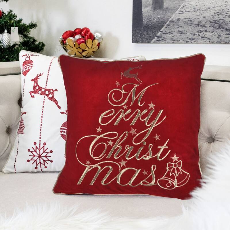 Red Velvet Christmas Throw Pillow with Merry Christmas Embroidery, 20x20 with Insert