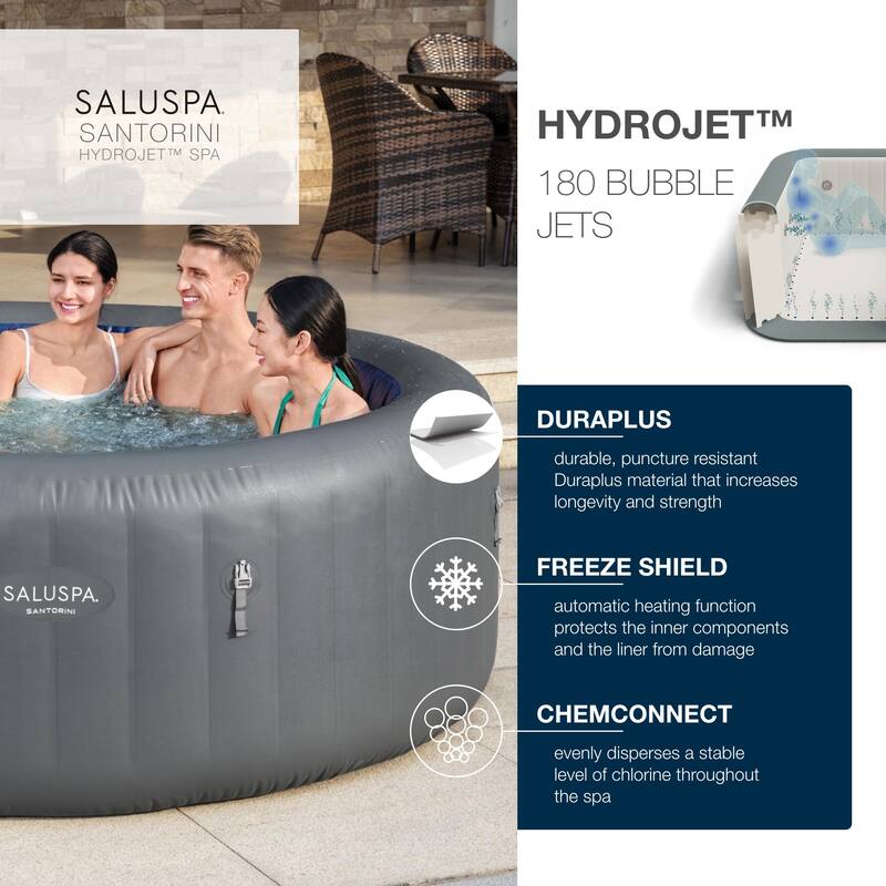 Bestway SaluSpa Santorini HydroJet Inflatable with 180 Soothing Jets, Gray - 182.57
