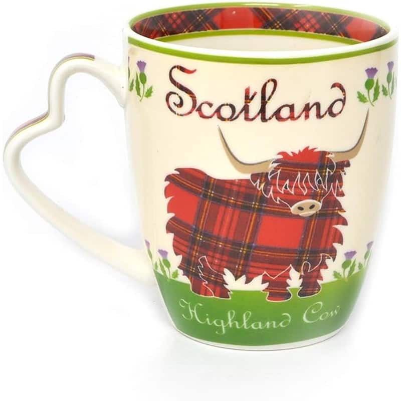 13oz Scottish Highland Cow Tartan Bone China Mug with Thistle Motifs Microwave and Dishwasher Safe