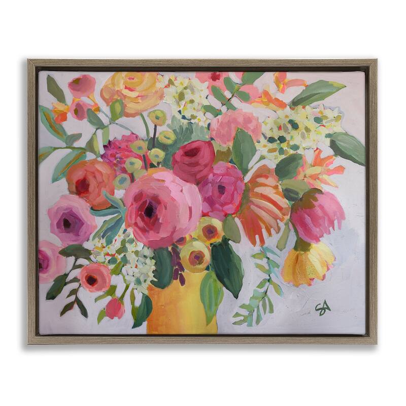 Stupell Assorted Flowers in Pink & Yellow Framed Floater Canvas Wall Art Design By Suzanne Allard - 21 x 17 - Brown