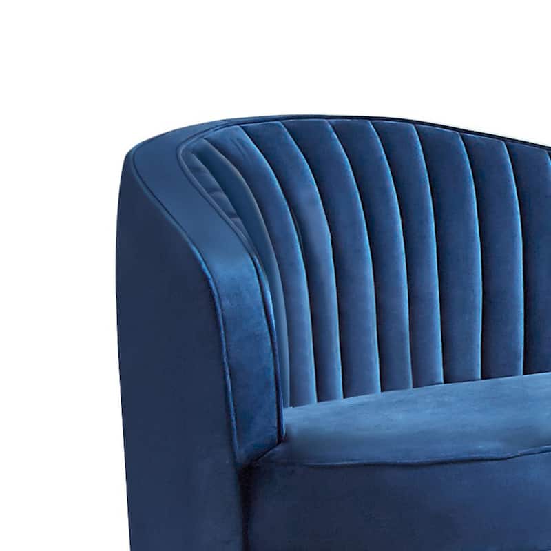 Chad 84 Inch Curved Bean Sofa, Tufted, Camelback, Gold, Royal Blue Velvet