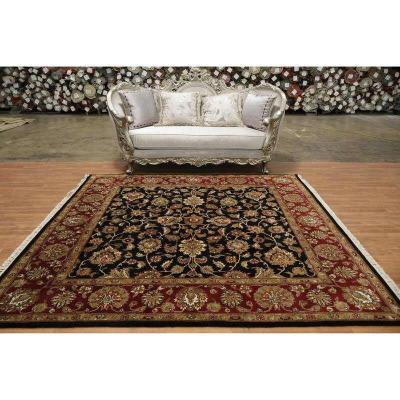 Hand Knotted Oriental 100% Wool Carpet Traditional All-Over Black Agra Area Rug - 8' 1'' X 8' 3''