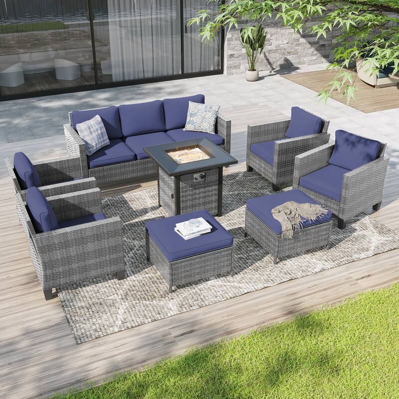 Livoosun 8 Pieces Patio Sofa with 28'' Fire Table Set, PE Wicker, Wide Armrests High Back Sofa Chair Design for Lawn, Patio - Gray Wicker/Navy Blue Cushion