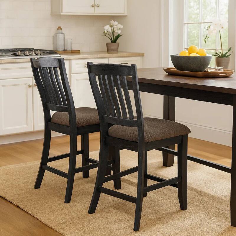 Chair with High Slatted Back Design, Set of 2, Dark Brown