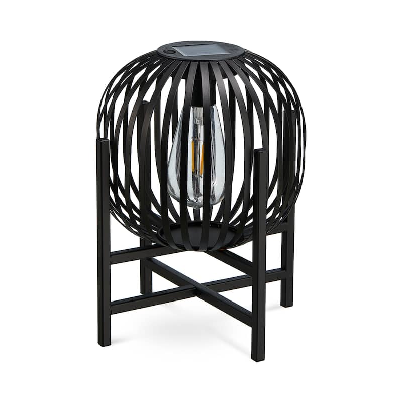 Glitzhome Outdoor Black Metal Striped Freestanding Solar Lantern Deck Lamp