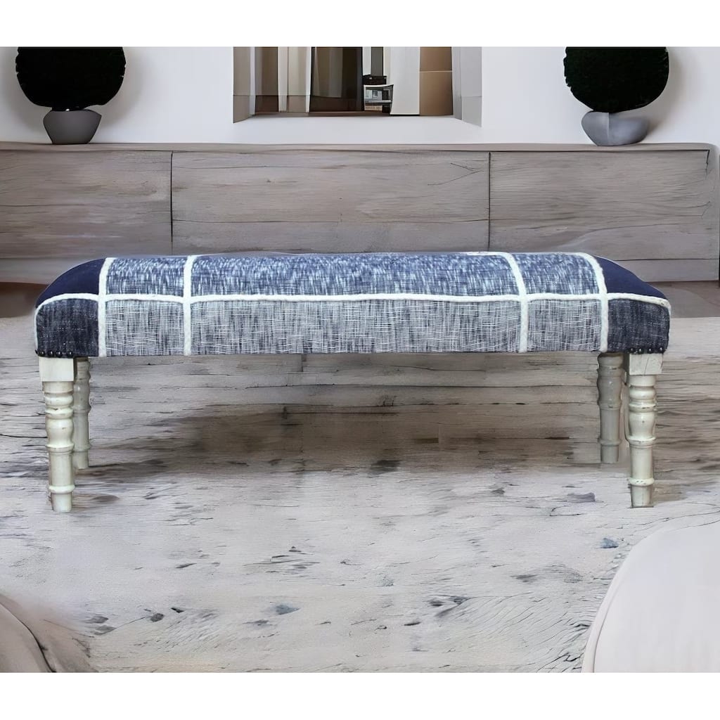 Sevita Minimal Modern Plaid Bench with White Legs 16"W x 47"L x 18"H - 16"W x 47"L x18"H