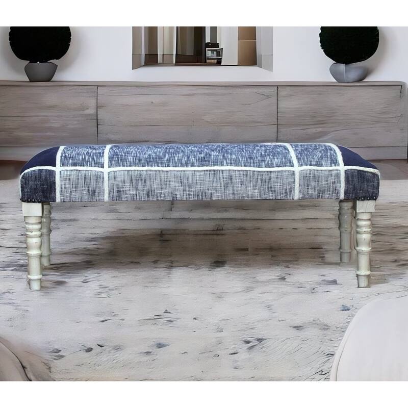 Sevita Minimal Modern Plaid Bench with White Legs 16"W x 47"L x 18"H - 16"W x 47"L x18"H