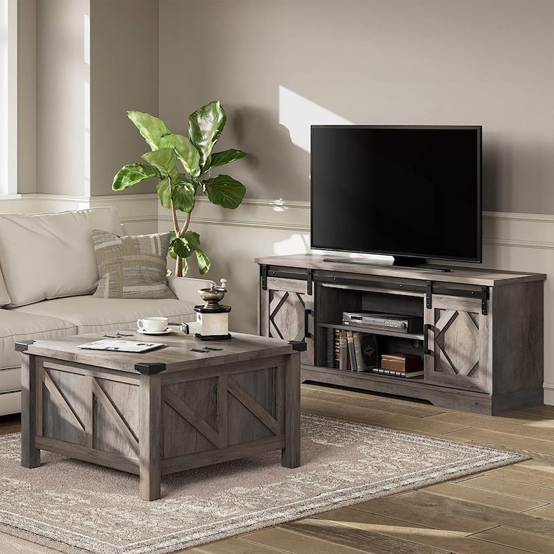 WAMPAT Farmhouse Sliding Barn Door TV Stand and Coffee Table Set of 2