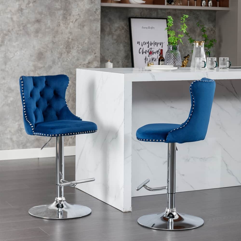 Roomfitters Swivel Velvet Bar Stools Set of 2, Adjustable Height Tufted Counter Chairs with Chrome Base and Nailhead Trim