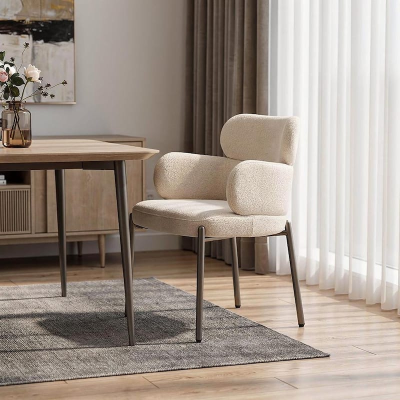 HomeRoots Beige and Gunmetal Boucle and Steel Dining Arm Chair - 23.00 in. x 31.00 in. x 23.00 in. - Single - 23.00 in. x 31.00 in. x 23.00 in. - Beige