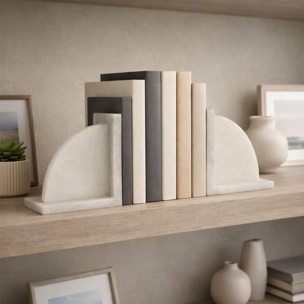 Stone Alabaster Arc Bookends - Set of 2, White, 6" - 6.0"