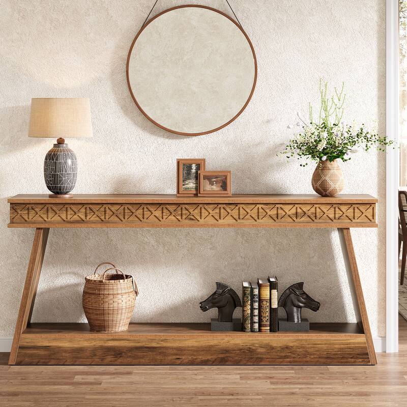 70.8-Inch Extra Long Console Table with Storage Shelf, 2-Tier Farmhouse Entryway Table - 70.87" L x 11.81" W x 31.5" H
