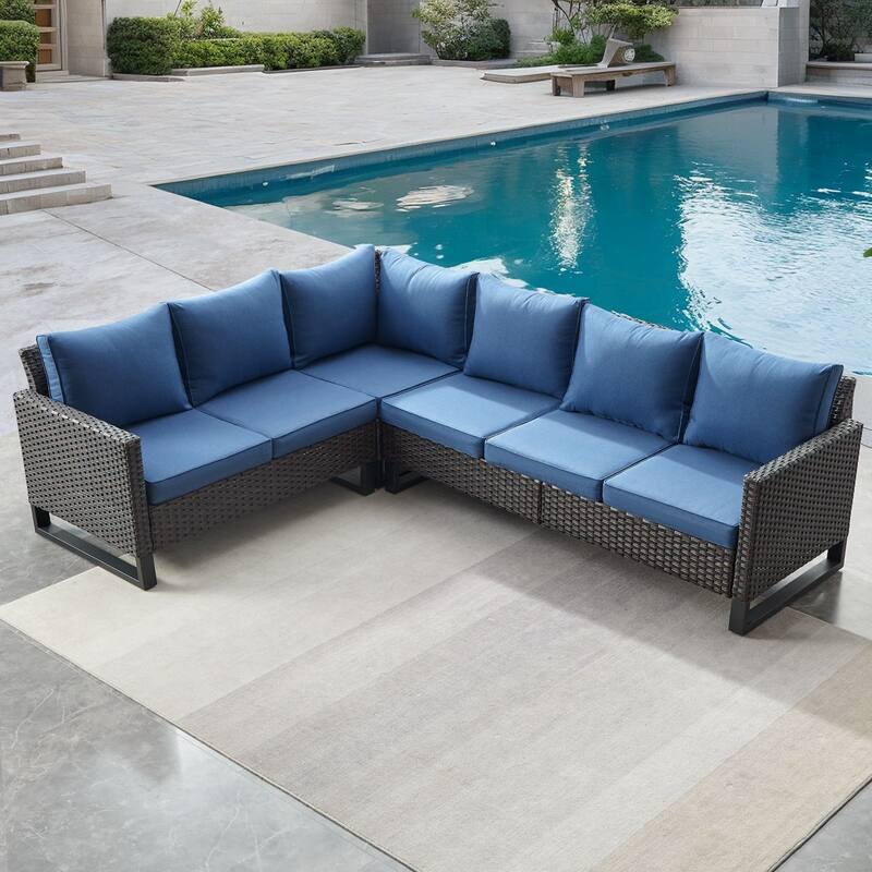 Gymojoy L-Shaped Outdoor Corner Sectional Sofa 6-seats Couch Conversation Set - 1 PC - Sectional Sofa - Brown Wicker / Blue Cusion
