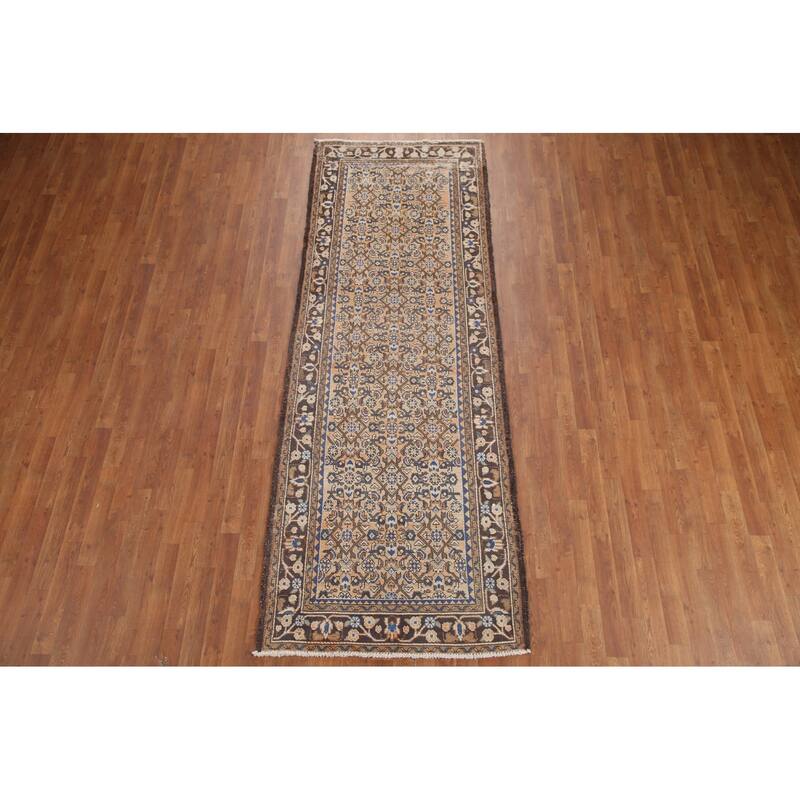 Hand Knotted Oriental 100% Wool Carpet Traditional All-Over Oranges & Rust Hamedan Runner Rug - 9' 8'' X 3' 7''
