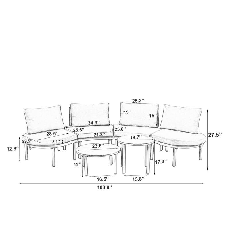 6/8-Piece Half Moon PE Wicker Patio Sectional Set with Dual Coffee Tables