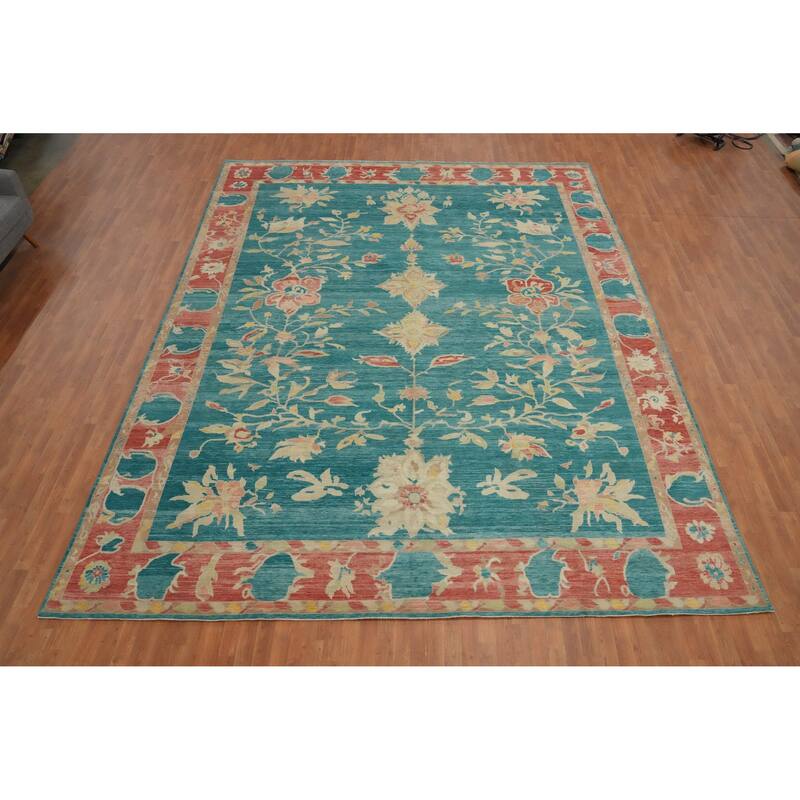 Hand Knotted Oriental 100% Wool Carpet Transitional Floral Navy Blue & Blues Oushak Area Rug - 15' 2'' X 12' 0''