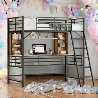 Twin Size Loft Bed with Desk and Shelf, Loft Bed with Ladder,Bookshelf,Loft Bed with Desk with 3 Storage Shelves,White