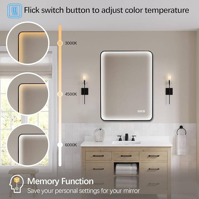 Organnice Rectangular LED Aluminum Black Framed Light Rounded Wall Mirror with Front Light