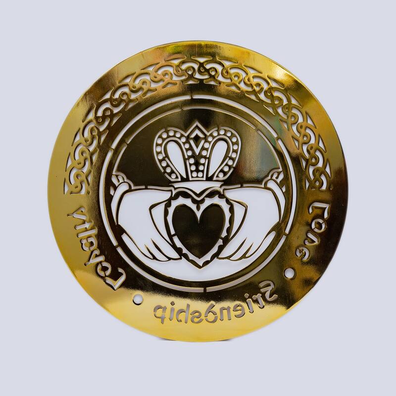 Steel Claddagh Wall Hanging with Irish Symbol, 12-Inch Round Design - 12” L x 12” H - Polished brass