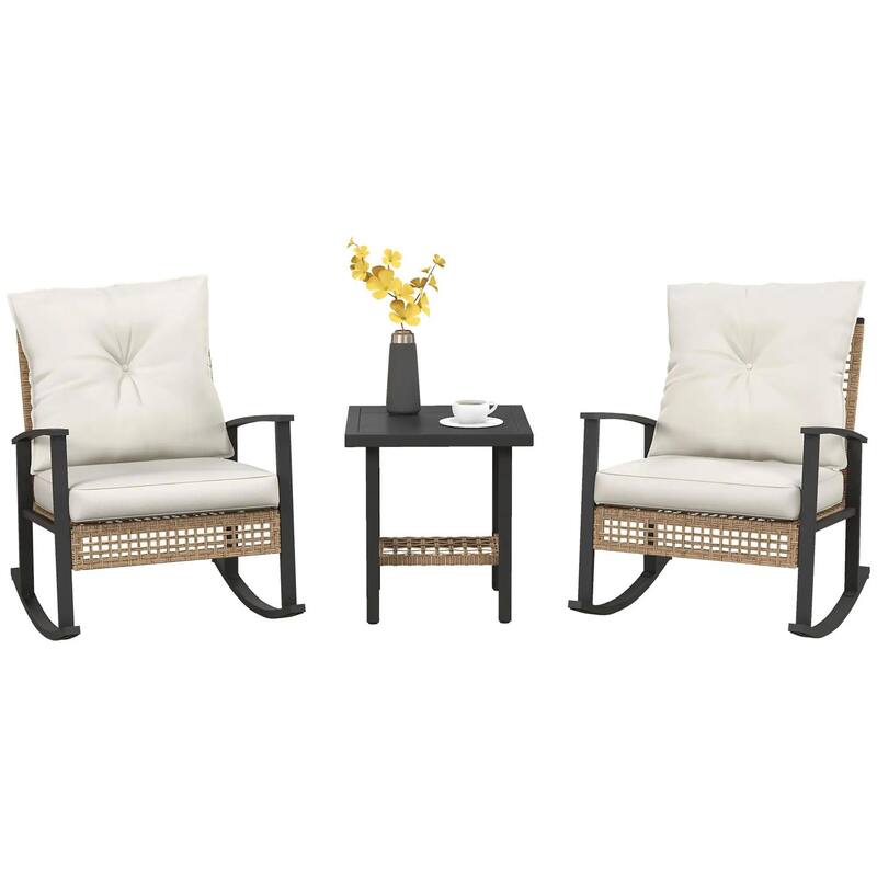 3-Piece Wicker Set, Rocking Chairs with Tufted Cushions,Coffee Table