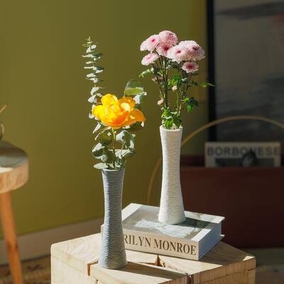 Contemporary Ceramic Textured Slim Hourglass Shape Table Vase Flower Holder