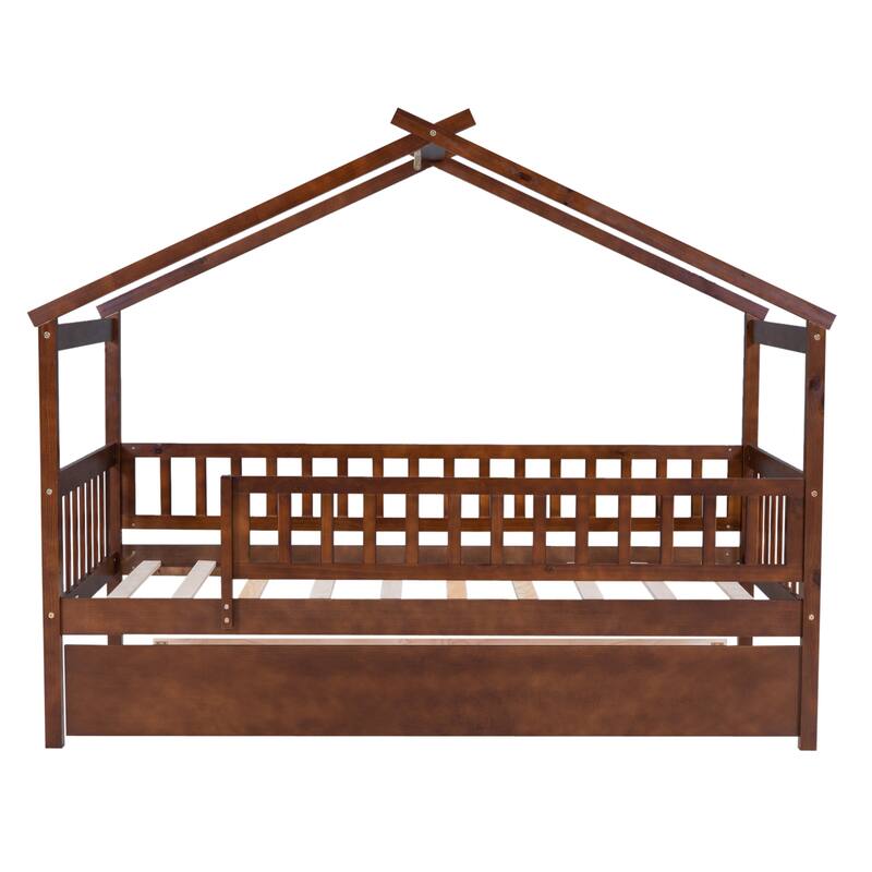 Pine House Bed with Trundle, Guardrail & Roof