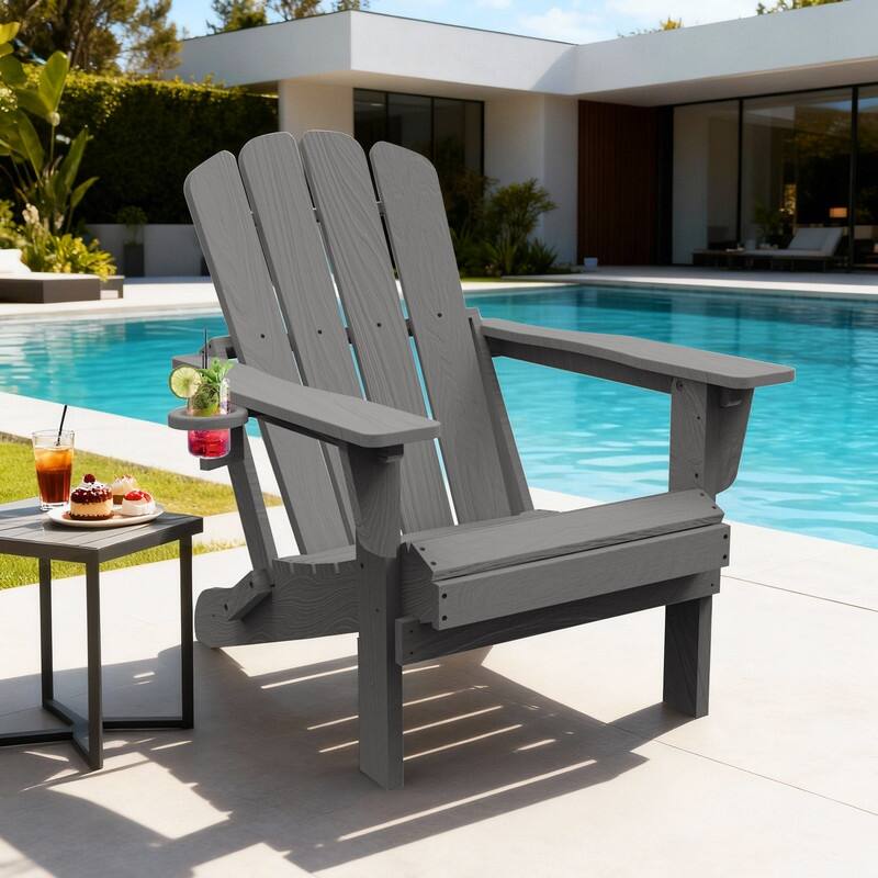 Domi Folding Adirondack Chair,Wooden Textured with Cup Holder,HDPE
