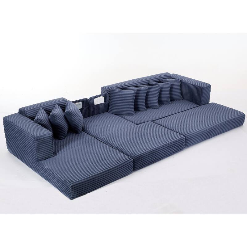 Floor Sleeper Sofa Bed Convertible L-shaped Modular Sectional Couch with Chaise, Corduroy Compression Sofa with Side Pockets