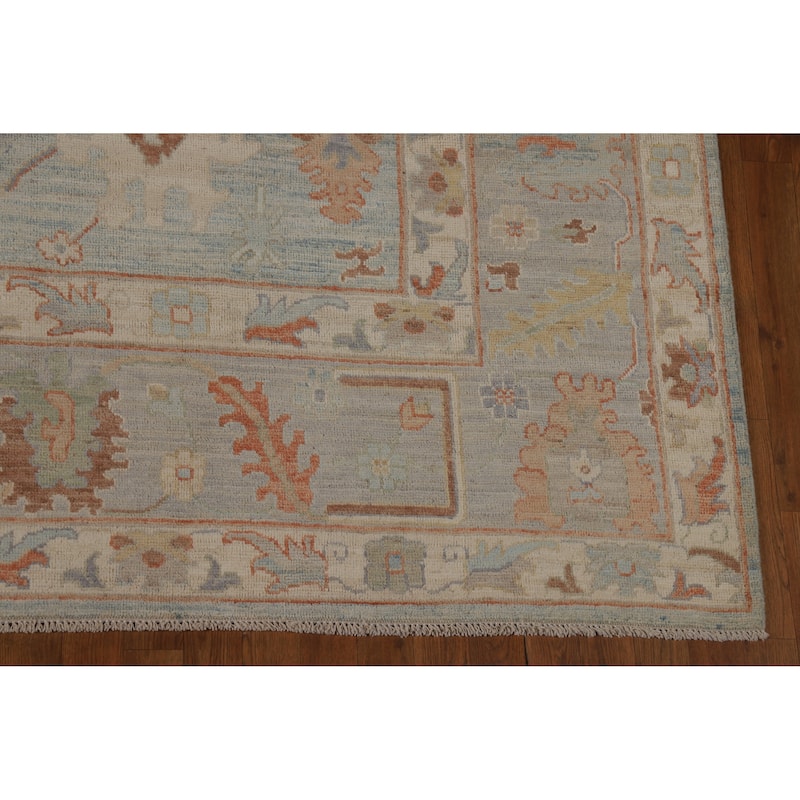 Blue Vegetable Dye Oushak Turkish Rug Hand-Knotted Floral Wool Carpet - 9'2"x 12'3"
