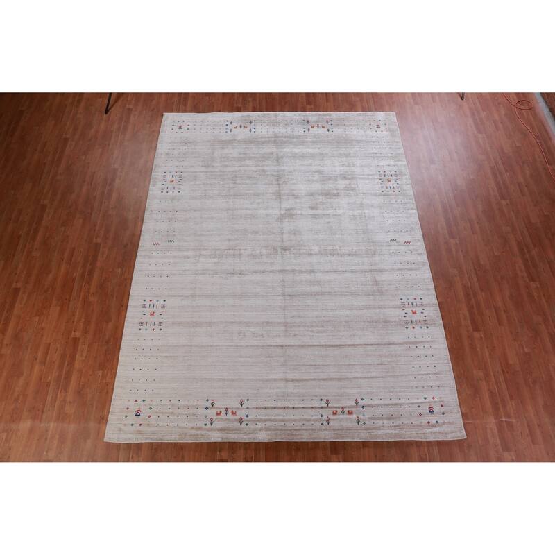 Hand Knotted Oriental Viscose Silk Carpet Tribal Stripe Greys & Charcoal Gabbeh Area Rug - 12' 4'' X 9' 3''
