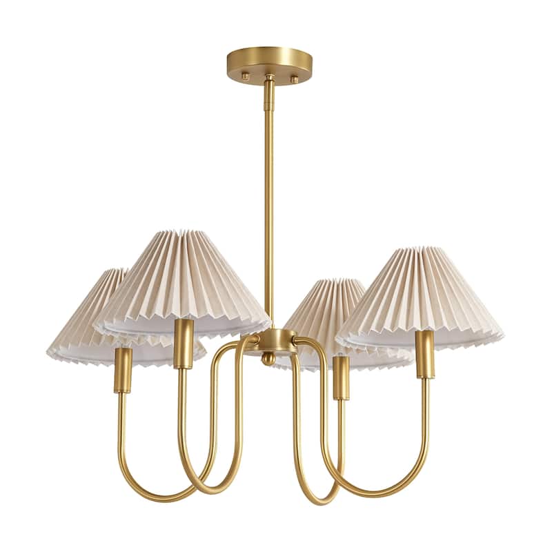 4-Light Mid-Century Modern Chandelier in Brushed Gold/Matte Black Chandelier with Pleated Shades for Living Room