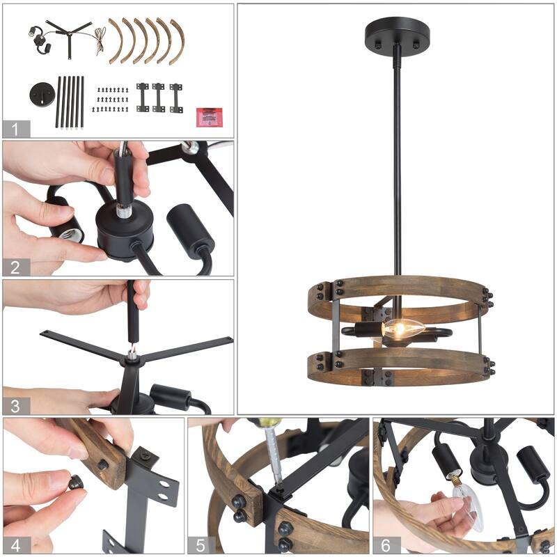Modern Farmhouse 2-Light Wood Drum Chandelier Hanging Pendant Lights - 12"W x 5.5"H