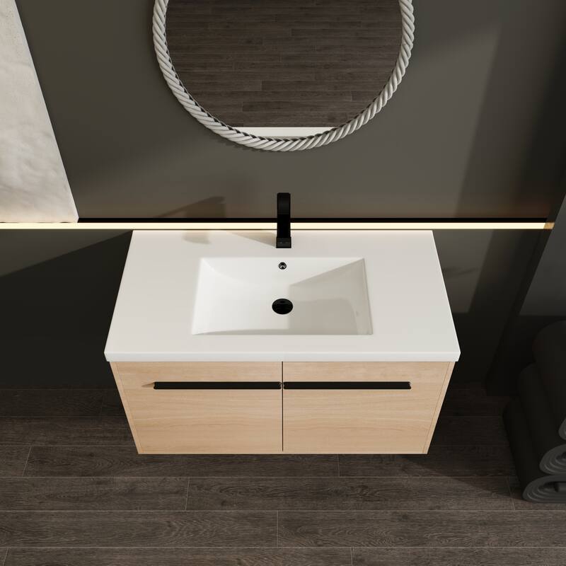 GDFStudio - Levistar Modern Wall-Mounted Bathroom Vanity Set with Scratch-Resistant Resin Sink & Soft Close Doors
