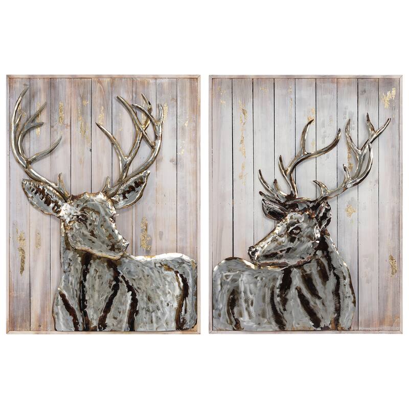 Iron Deer on Slatted Solid Wood Wall Sculpture Set of 2