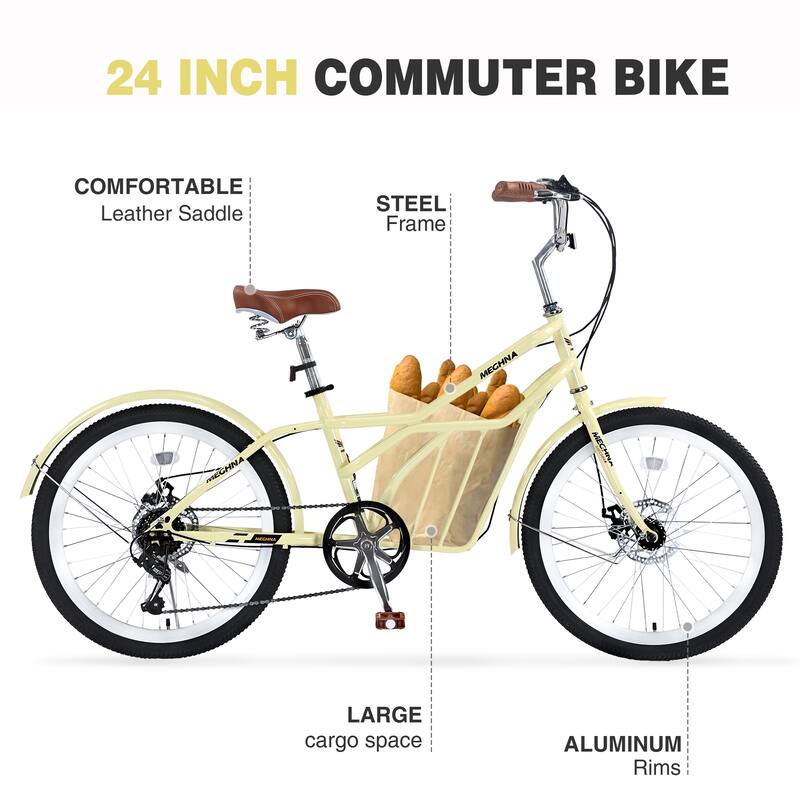 24 Inch Comfort Bike Urban Commuter Bicycles, 6 Speed Road Bicycles w/Dual Disc Brakes, Steel Frame for Teens, 16 Years and Up