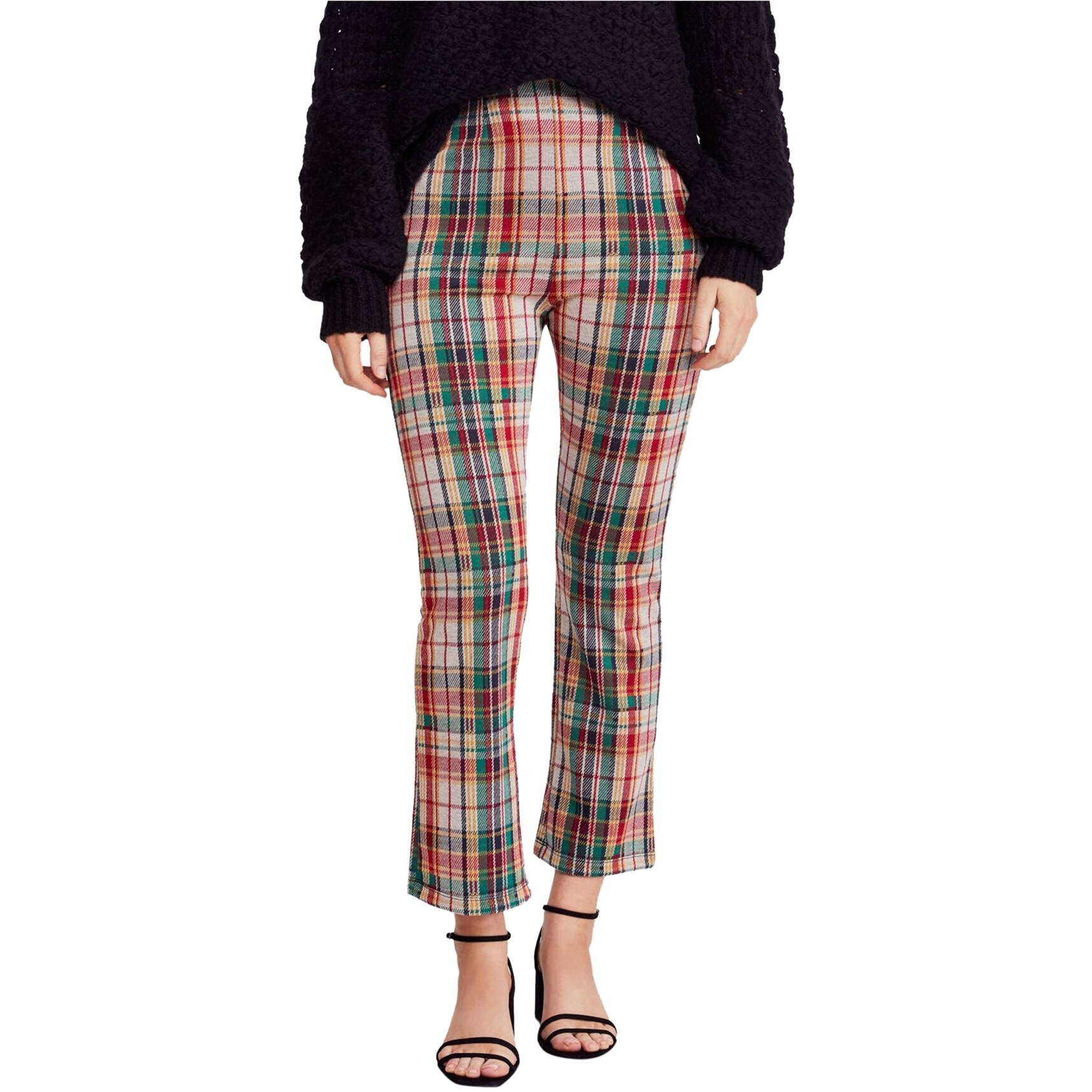 Shop Free People Womens Flare Plaid Casual Cropped Pants Green