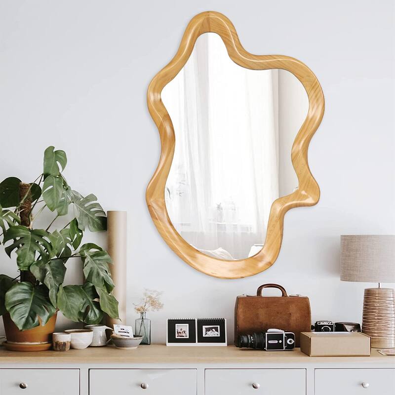33.46" x 22.24" Irregular Shaped Wall Mirror with Natural Wood Frame