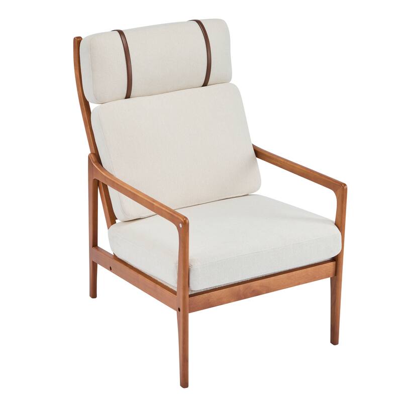 Mid Century Modern Accent Armchair, Solid Wood Frame with High Back, Beige Upholstered Cushions, Ergonomic Lounge Chair