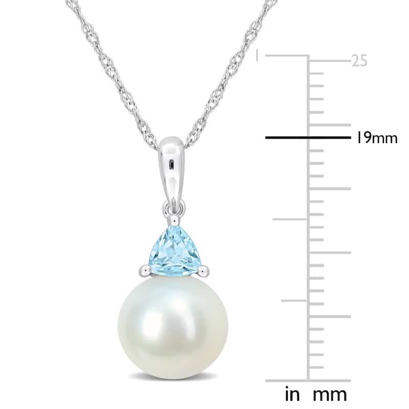 Miadora 8-8.5mm Cultured Freshwater Pearl and 1/4ct TGW Sky Blue Topaz Pendant with Chain in 10k White Gold - 19 mm x 8.3 mm