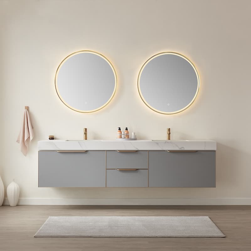 Alicante 84" Double Vanity in Grey with Sintered Stone Top, Mirror