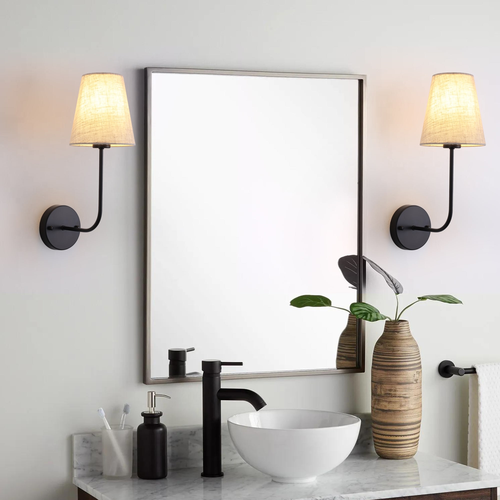 Modern 1-Light Black Metal Wall Light with Beige Fabric Shades (Set of 2)