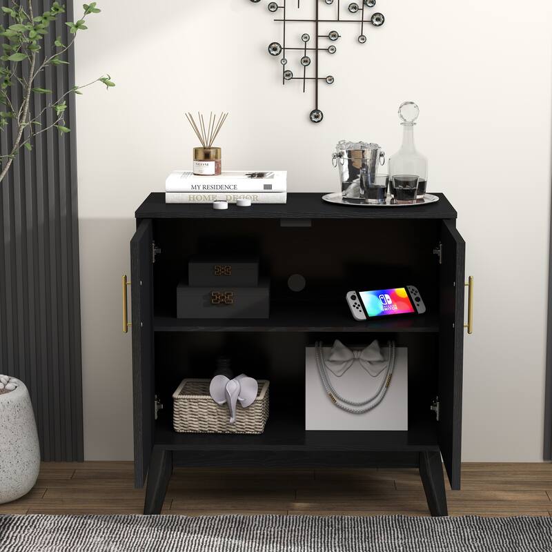 Fluted Cabinet Buffet Cabinet Accent Cabinet with Outlet Hole, Wood Grain Storage Cabinet with Adjustable Shelves