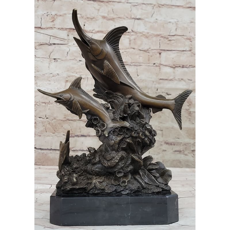 Original Bronze Statue Sculpture Of Marlin Sailfish Swordfish Jumping Out Of Ocean On Marble Base