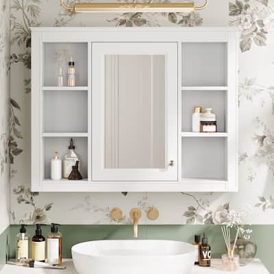 Simple and Stylish Mirror Cabinet with 6 Open Shelves, 35'' x 27.5'' Wall Mounted Bathroom Storage Cabinet with Mirror, White