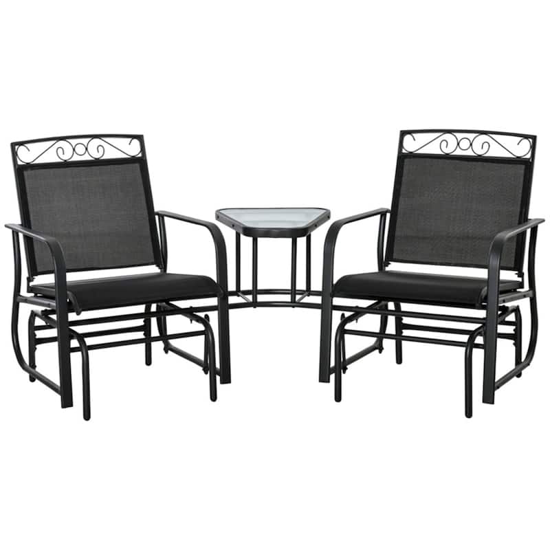 2-Seater Garden Breathable Mesh Glider Chairs with Table and Curved Armrests for Patio or Backyard - Grey-Black