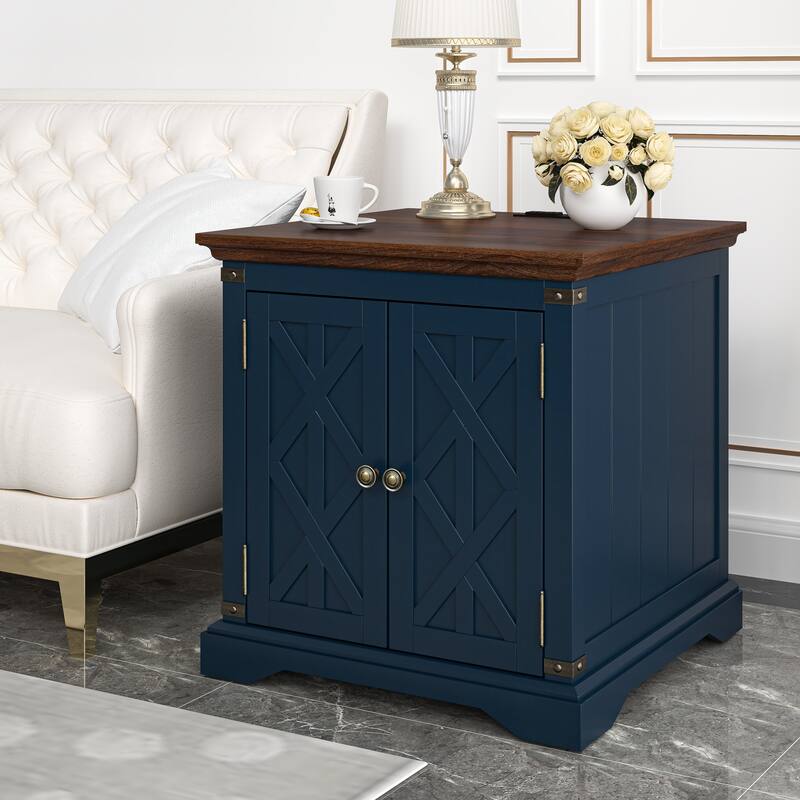 Farmhouse End Table with Charging Station - 25" in Height - Navy
