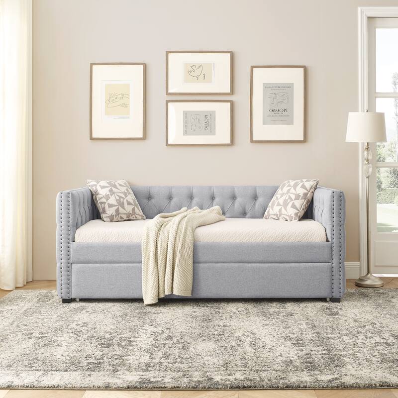 Tufted Daybed Upholstered Frame Sofa Bed with Button Copper Nail on Square Arms, and Pull-out Trundle Bed or Storage Drawers