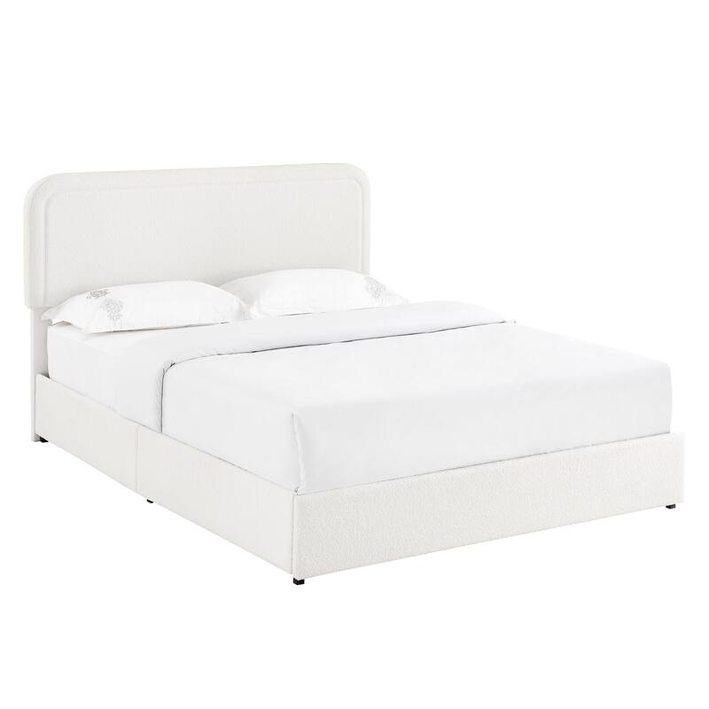 Queen Size Ivory Boucle Upholstered Platform Bed with 2 Built-in Dust-Proof Drawers and Tufted Headboard