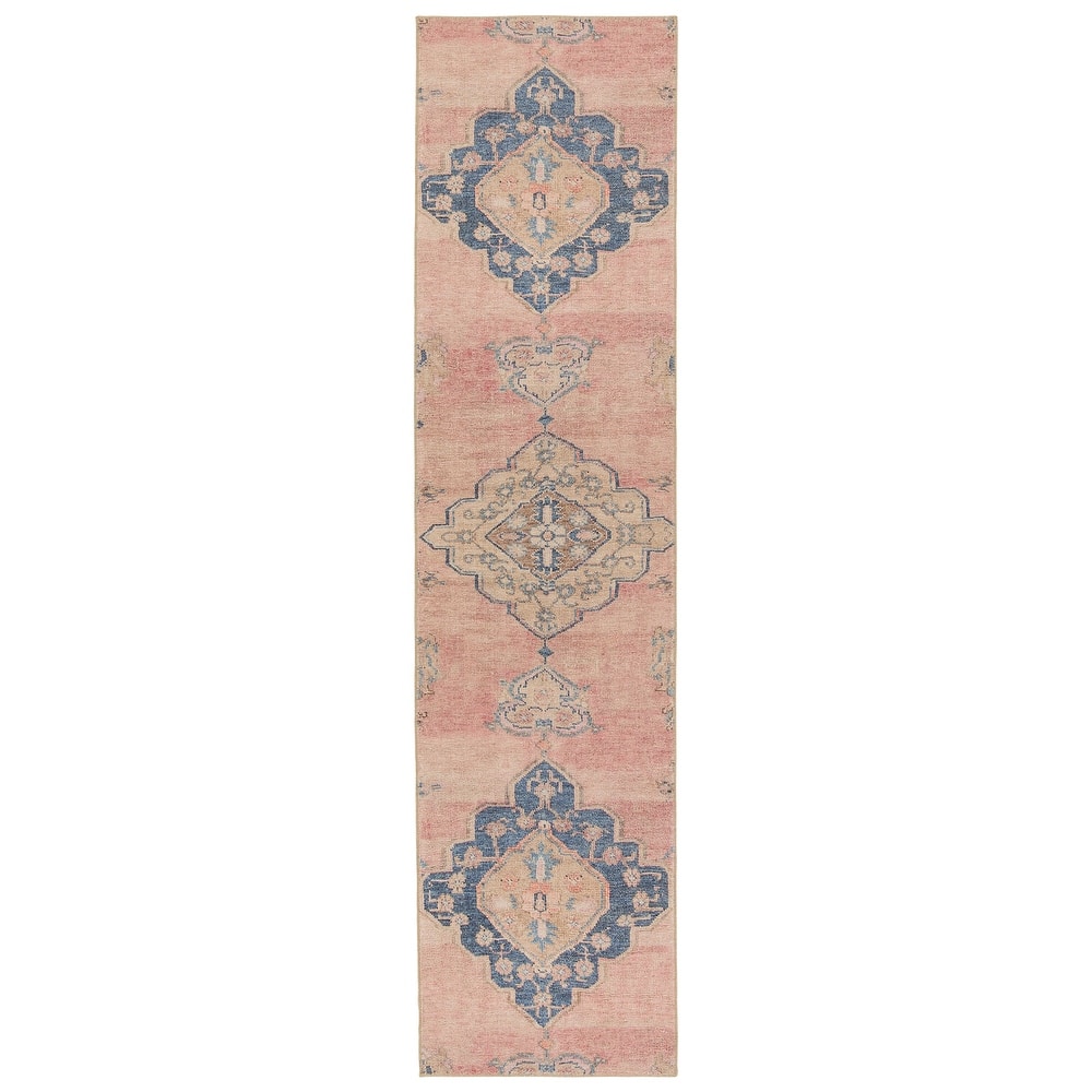 Adalee Machine Washable Medallion Pink/ Blue Area Rug