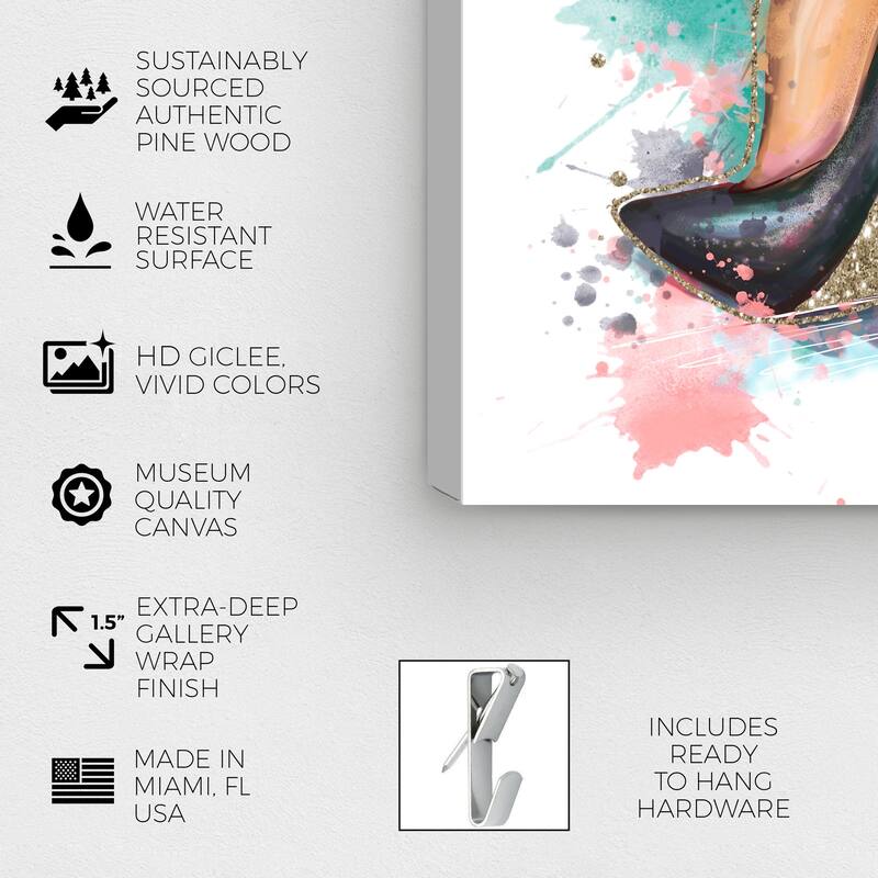 Wynwood Studio Fashion and Glam Pastel Glam Heels Blue and Metallic Gold Glam Wall Art Canvas Print